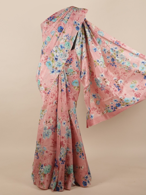 

Pothys Pink & Blue Floral Jute Silk Saree