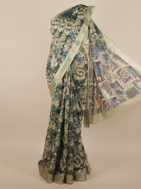 

Pothys Green & Beige Floral Linen Blend Saree