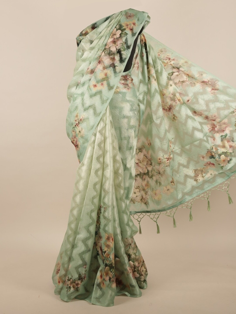 

Pothys Green & Peach-Coloured Floral Brasso Jute Silk Saree