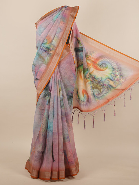 

Pothys Pink & Grey Floral Zari Linen Blend Saree