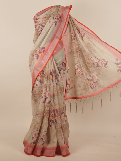 

Pothys Cream-Coloured & Orange Floral Linen Blend Saree