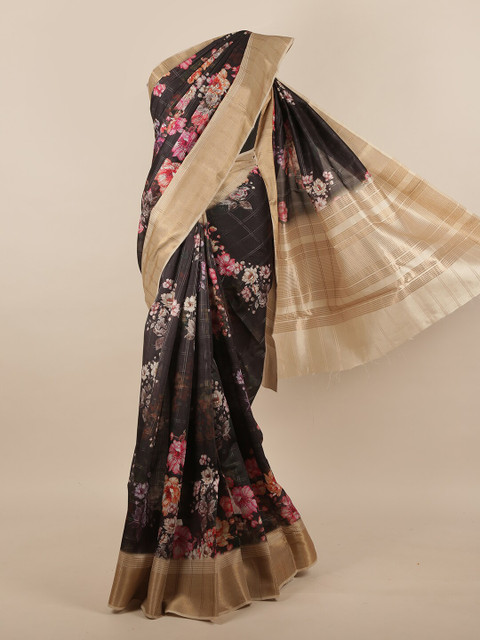 

Pothys Black & Beige Floral Printed Jute Silk Saree