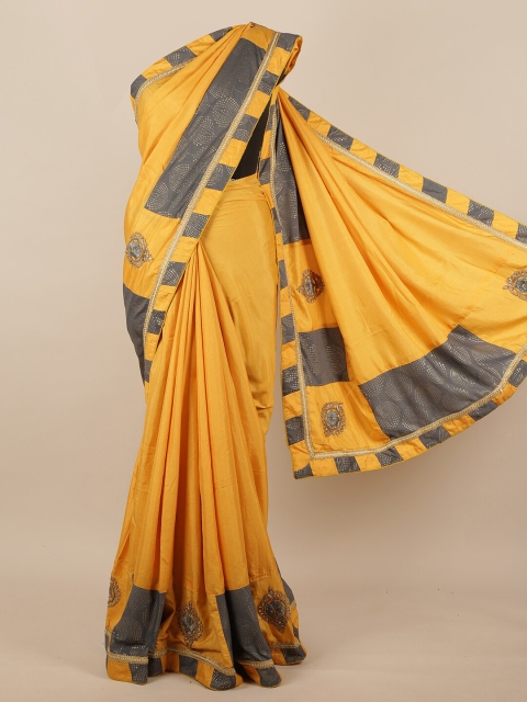 

Pothys Mustard & Grey Embellished Beads and Stones Jute Silk Saree