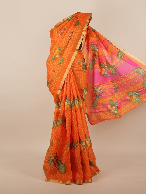 

Pothys Orange & Green Ethnic Motifs Printed Jute Silk Saree