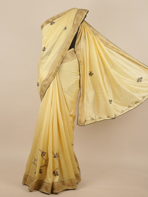 

Pothys Yellow & Grey Ethnic Motifs Embellished Zari Detail Jute Silk Saree