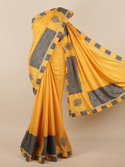 

Pothys Yellow & Grey Embellished Jute Silk Saree