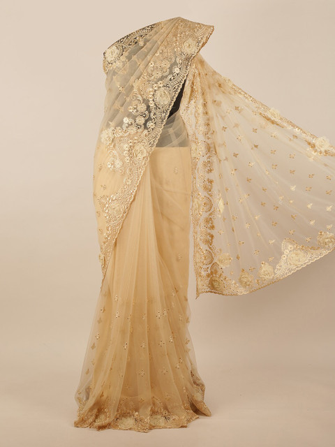 

Pothys Cream-Coloured Floral Embroidered Net Saree