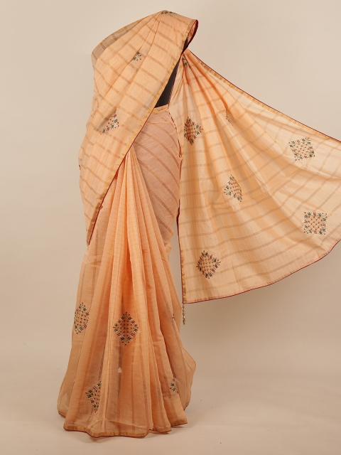 

Pothys Peach-Coloured & Gold-Toned Striped Zardozi Jute Silk Saree