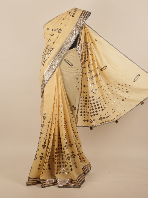 

Pothys Cream & Silver Coloured Ethnic Motifs Beads and Stones Jute Silk Saree