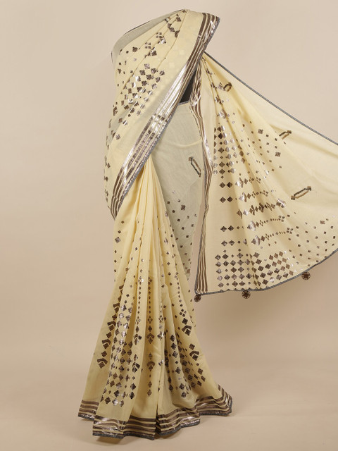 

Pothys Cream-Coloured & Silver-Coloured Geometric Foil Printed Jute Silk Saree