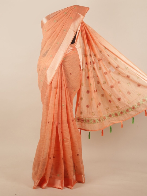 

Pothys Peach-Coloured & Silver-Toned Floral Embroidered Net Saree