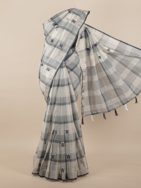 

Pothys White & Grey Checked Embroidered Linen Blend Saree