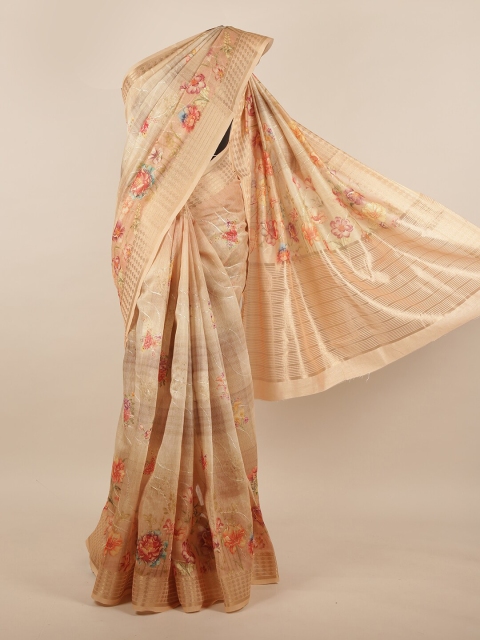 

Pothys Cream-Coloured & Pink Floral Printed Zari Detail Jute Silk Saree