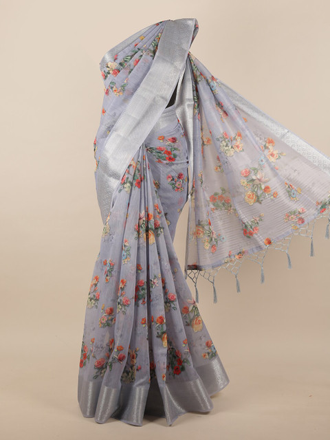 

Pothys Grey & Orange Floral Jute Silk Saree