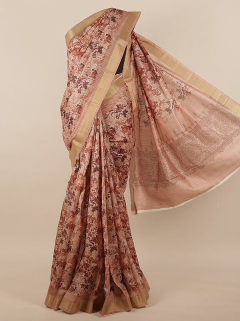 

Pothys Pink & Brown Floral Printed Jute Silk Saree