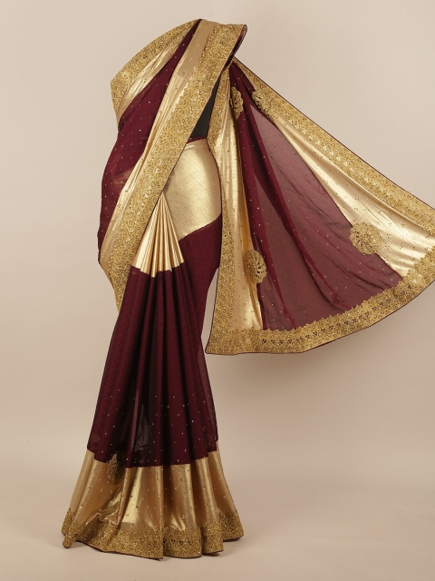 

Pothys Maroon & Gold-Toned Embellished Beads & Stones Saree