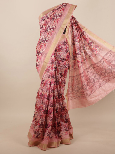 

Pothys Pink & Burgundy Floral Printed Jute Silk Saree