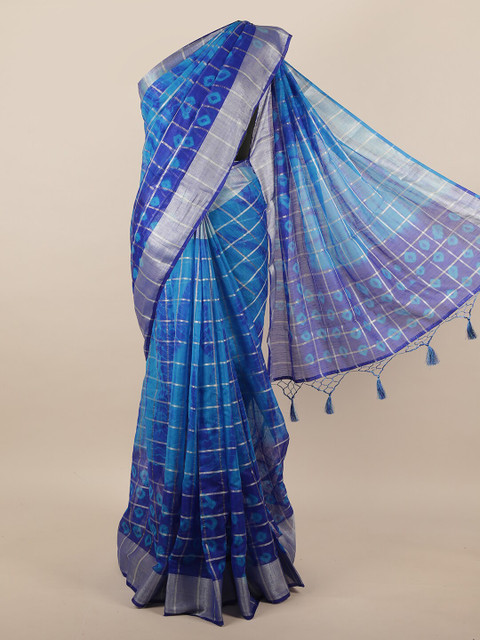 

Pothys Blue & Silver-Toned Checked Jute Silk Saree
