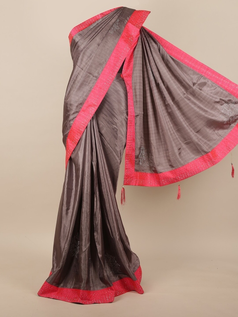 

Pothys Grey & Pink Stone Embellished Jute Silk Saree