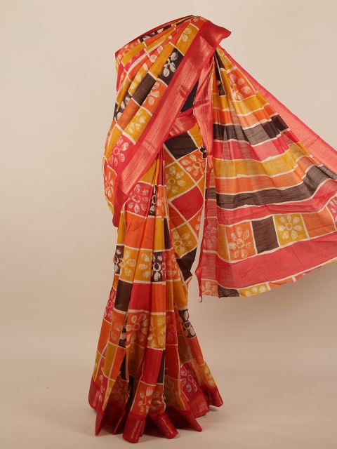 

Pothys Orange & Yellow Floral Printed Zari Border Jute Silk Saree
