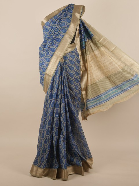 

Pothys Blue & Beige Ethnic Motifs Printed Jute Silk Saree