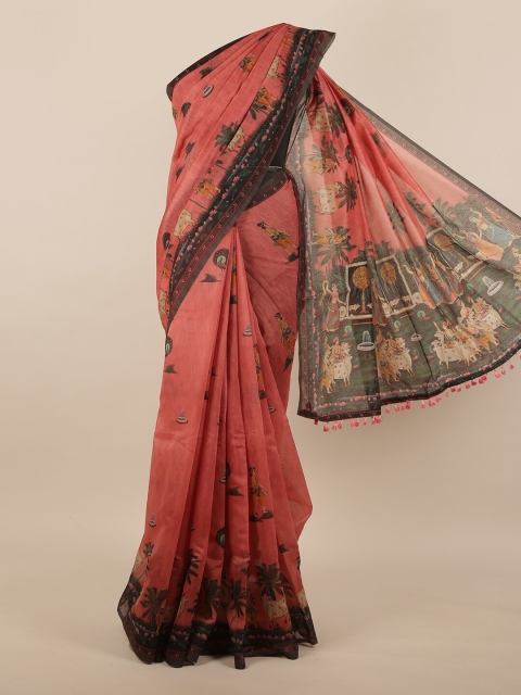 

Pothys Pink & Brown Ethnic Motifs Printed Jute Silk Saree