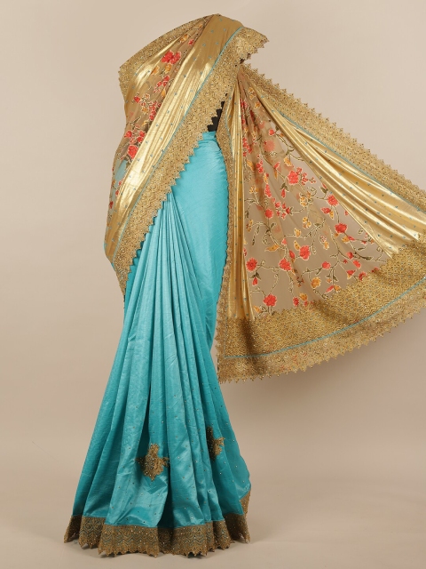

Pothys Gold & Turquoise Blue Embellished Beads and Stones Jute Silk Saree