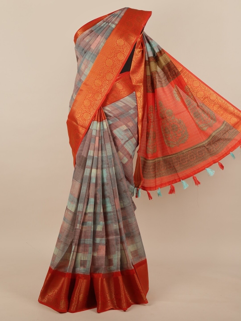 

Pothys Orange & Sea Green Abstract Printed Jute Silk Saree