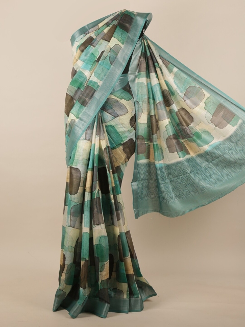 

Pothys Sea Green & Brown Printed Linen Blend Saree