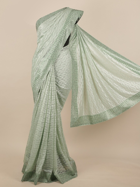 

Pothys Sea Green Ethnic Motifs Embellished with Beads and Stones Jute Silk Saree