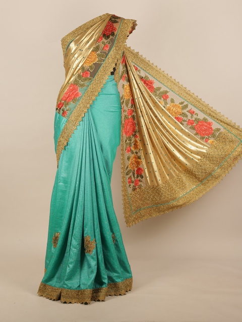 

Pothys Sea Green & Gold-Coloured Stones Embellished & Embroidered Net Saree