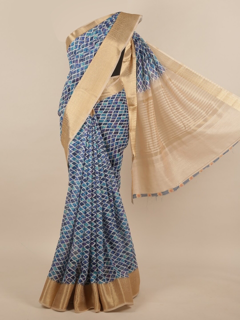 

Pothys Blue & White Geometric Printed Zari Border Jute Silk Saree