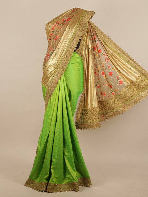 

Pothys Green & Gold-Toned Floral Beads and Stones Jute Silk Saree
