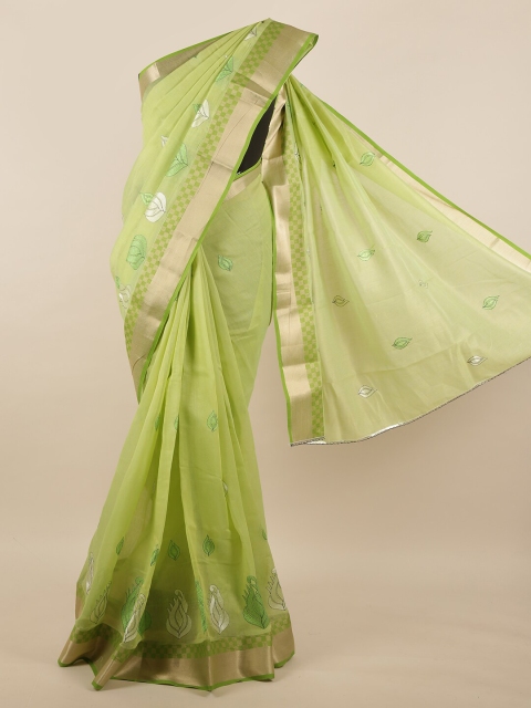 

Pothys Green & Silver-Toned Floral Embroidered Saree