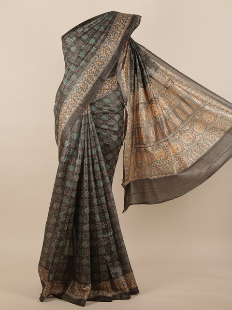 

Pothys Grey & Green Ethnic Motifs Printed Jute Silk Saree
