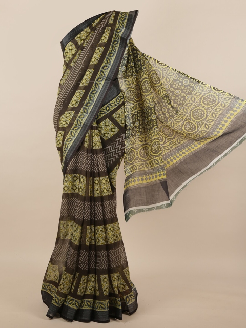 

Pothys Green & Black Ethnic Motifs Printed with Striped Border Saree