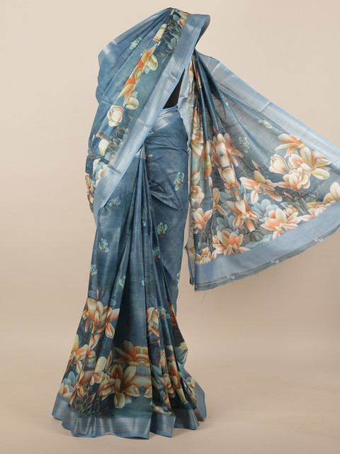 

Pothys Blue & Orange Floral Linen Blend Saree