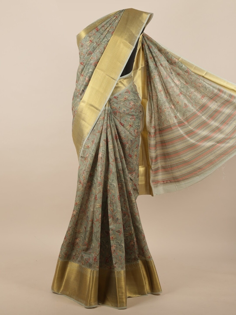 

Pothys Green & Gold-Coloured Floral Printed Jute Silk Saree