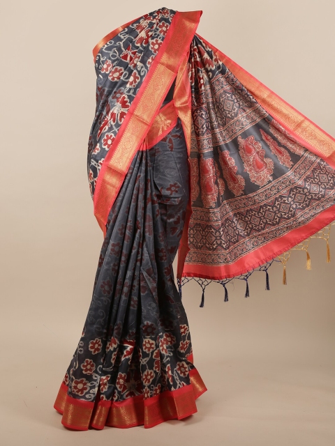 

Pothys Grey & Red Floral Zari Jute Silk Saree