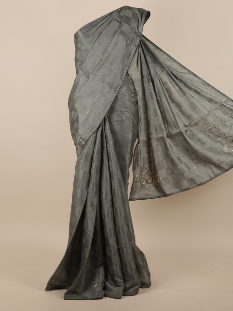 

Pothys Grey & Silver-Toned Checked Embroidered Jute Silk Saree