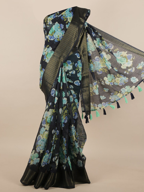 

Pothys Navy Blue & Green Floral Jute Silk Saree