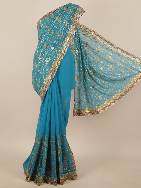 

Pothys Blue & Gold Embellished Beads and Stones Saree