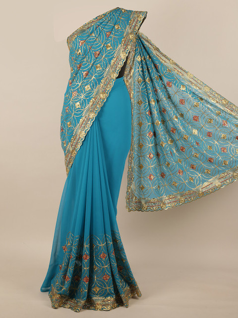 

Pothys Blue & Gold-Toned Ethnic Motifs Beads and Stones Saree
