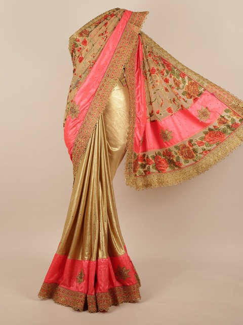 

Pothys Gold-Toned & Pink Floral Beads & Stones Jute Silk Saree