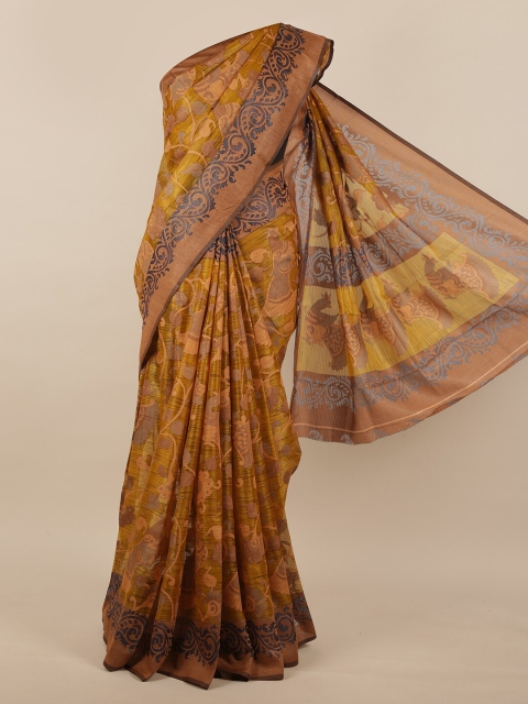 

Pothys Mustard Yellow & Brown Floral Jute Silk Saree