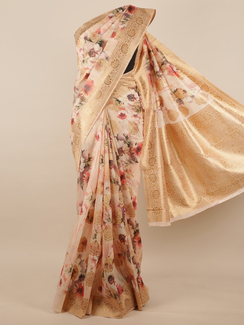 

Pothys Cream-Coloured & Pink Floral Printed Jute Silk Saree
