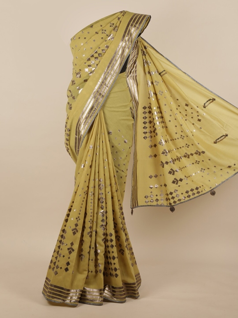 

Pothys Green & Gunmetal-Toned Foil Printed Jute Silk Saree