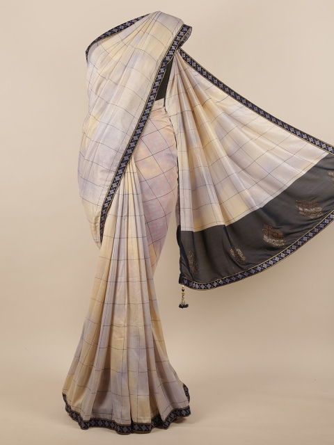 

Pothys Cream-Coloured & Black Checked Jute Silk Saree