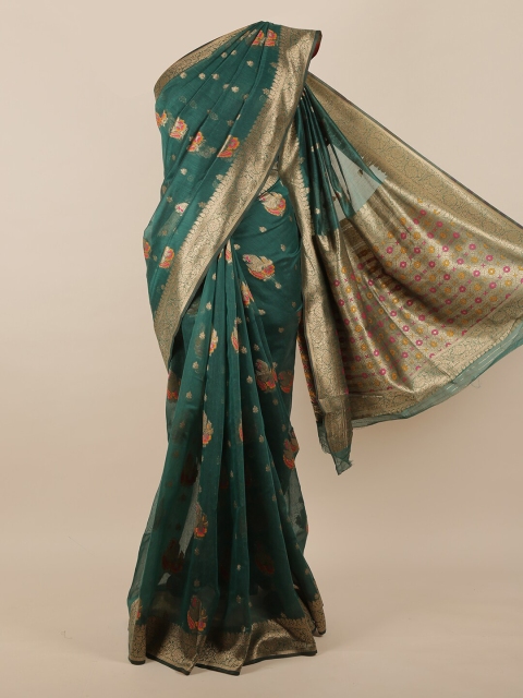 

Pothys Green & Gold-Coloured Ethnic Motifs Woven Design Jute Silk Saree