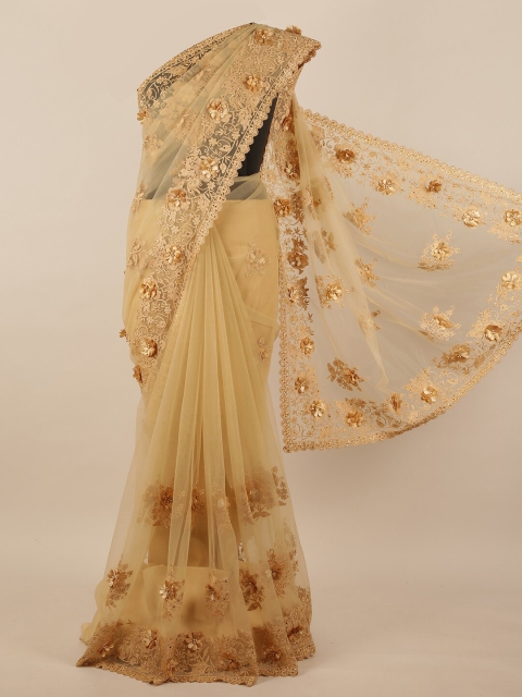 

Pothys Tan & Gold-Toned Floral Embroidered Net Saree